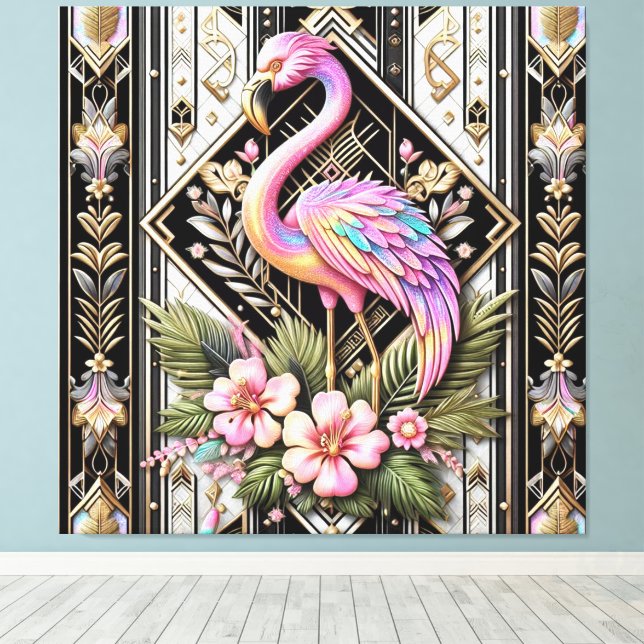 Art Deco Pink Flamingo Canvas Print (Insitu(Wood Floor))