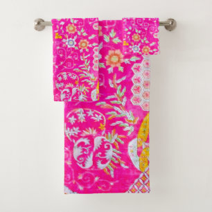 Art Deco Pink Floral Bath Towel Set