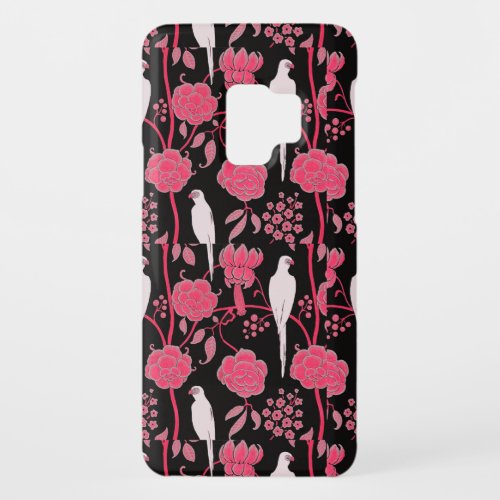 ART DECO pink FLOWERSWHITE PARROTS ON BLACK Case_Mate Samsung Galaxy S9 Case