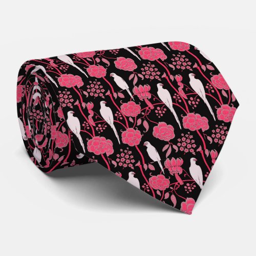 ART DECO PINK FLOWERSWHITE PARROTS ON BLACK TIE