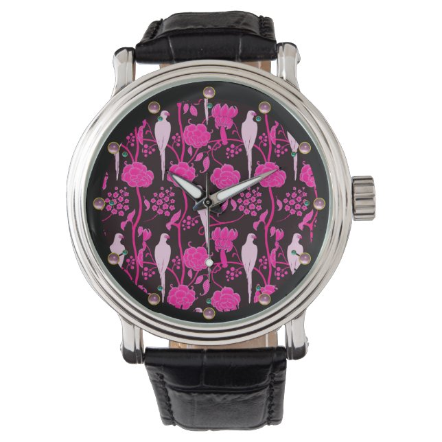 ART DECO PINK FLOWERS,WHITE PARROTS ON BLACK WATCH (Front)