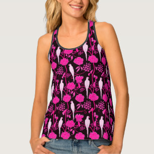 ART DECO PINK FUCHSIA FLOWERS,WHITE PARROTS, Black Tank Top