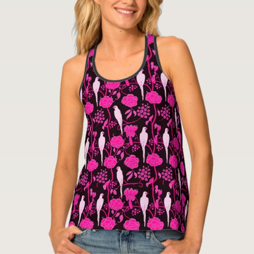 ART DECO PINK FUCHSIA FLOWERSWHITE PARROTS Black Tank Top