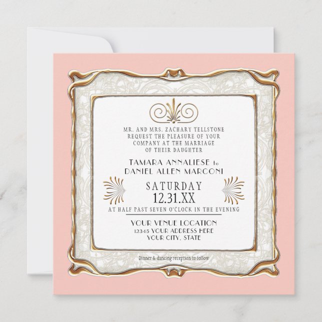 Art Deco Pink Gold Nouveau Gatsby Elegant Wedding  Invitation (Front)