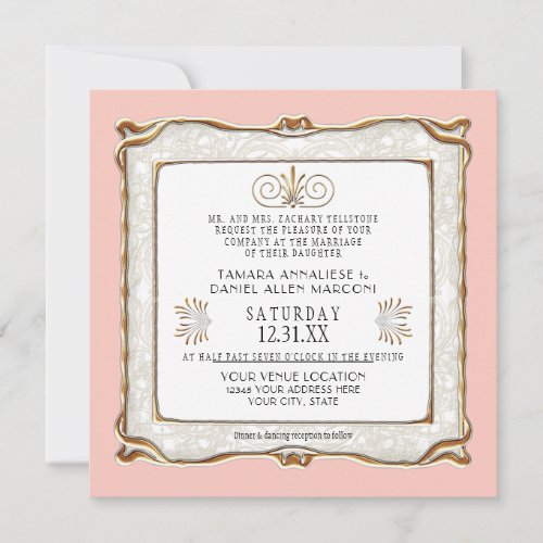 Art Deco Pink Gold Nouveau Gatsby Elegant Wedding Invitation