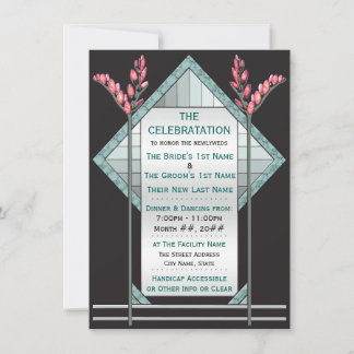Art Deco Pink Pussy Willow and Aqua Glass on Black Invitation