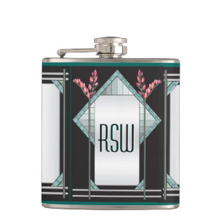 Art Deco Pink Pussy Willow on Black (Personalized) Flask