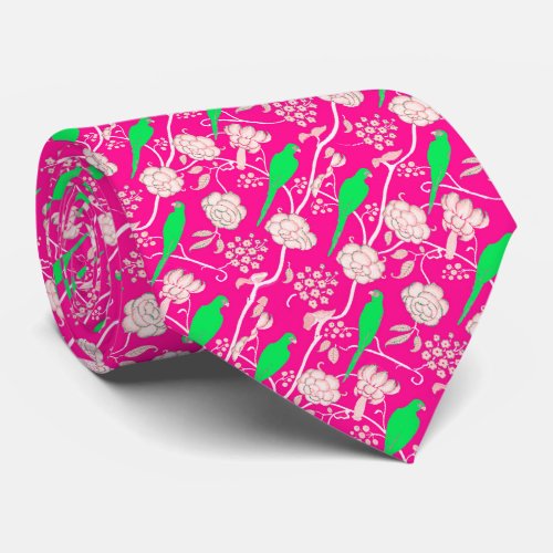 ART DECO PINK WHITE FLOWERS WITH GREEN PARROTS NECK TIE