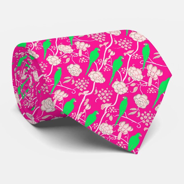 ART DECO PINK WHITE FLOWERS WITH GREEN PARROTS NECK TIE (Rolled)