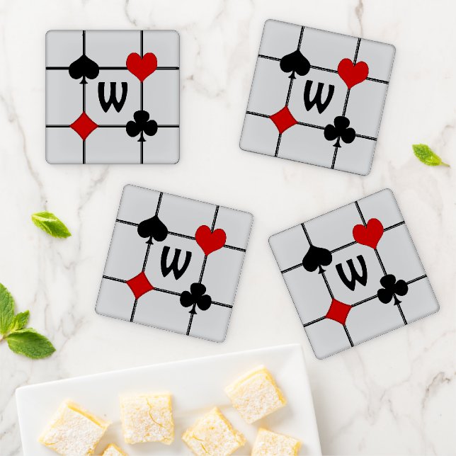 Art Deco Playing Card Suits v2 Monogrammed Coaster Set (In Situ)