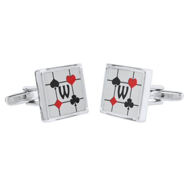 Art Deco Playing Card Suits v2 Monogrammed Cufflinks (Angled)