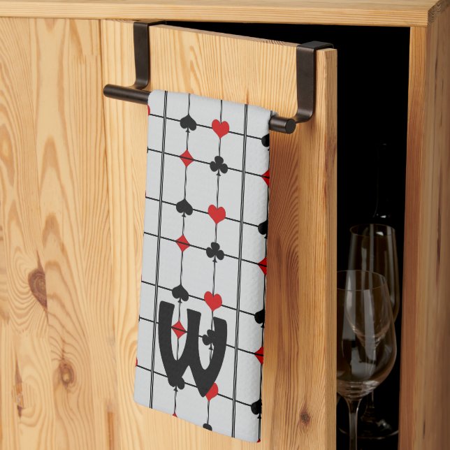 Art Deco Playing Card Suits v2 Monogrammed Kitchen Towel (Thirds Fold)