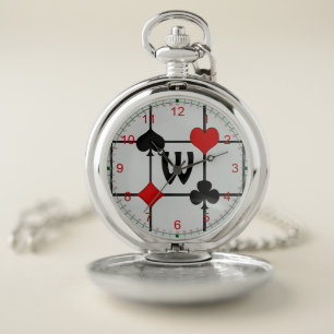 Art Deco Playing Card Suits v2 Monogrammed Pocket Watch