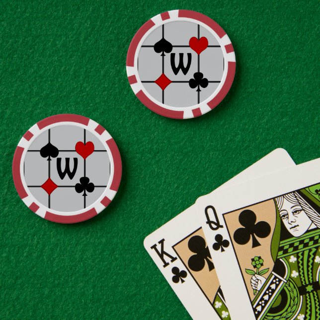 Art Deco Playing Card Suits v2 Monogrammed Poker Chips (Poker Table (Double))