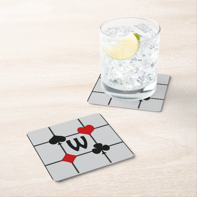 Art Deco Playing Card Suits v2 Monogrammed Square Paper Coaster (Insitu)