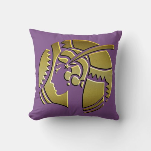 Art Deco Portrait of a Lady Purple and Gold Throw Pillow