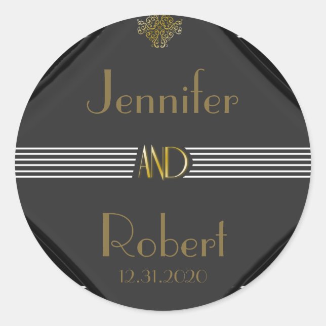Art Deco Posh Wedding Classic Round Sticker (Front)