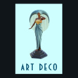 Art Deco Poster<br><div class="desc">A classic Art Deco poster from the era of cool design and style. The metal statue is a female figure with a large headdress standing tall and regal.</div>
