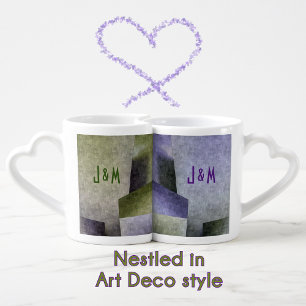 Art Deco Purple and Moss Green Monogr Lover's Coffee Mug Set