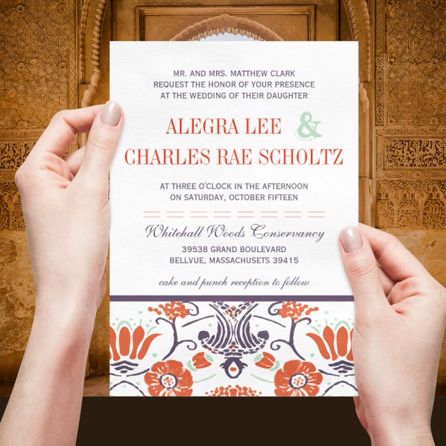 Art Deco Purple and Orange Floral Wedding Invitation (Creator Uploaded)