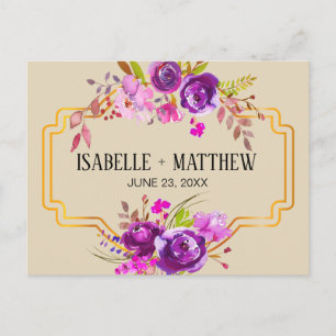 Art Deco Purple Floral Watercolor Save the Date Announcement Postcard