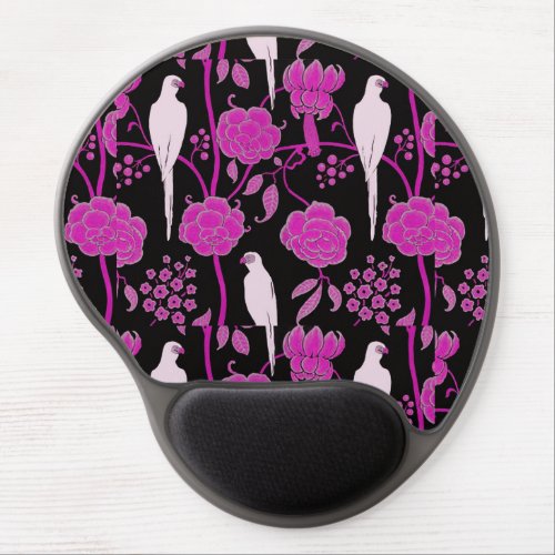 ART DECO PURPLE FLOWERSWHITE PARROTS ON BLACK GEL MOUSE PAD