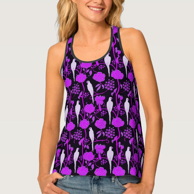 ART DECO PURPLE FLOWERS,WHITE PARROTS ON BLACK TANK TOP (Front)