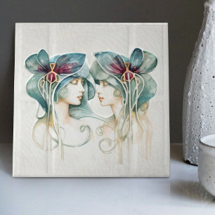 Art Deco Purple Lilies Wall Decor Art Nouveau Ceramic Tile