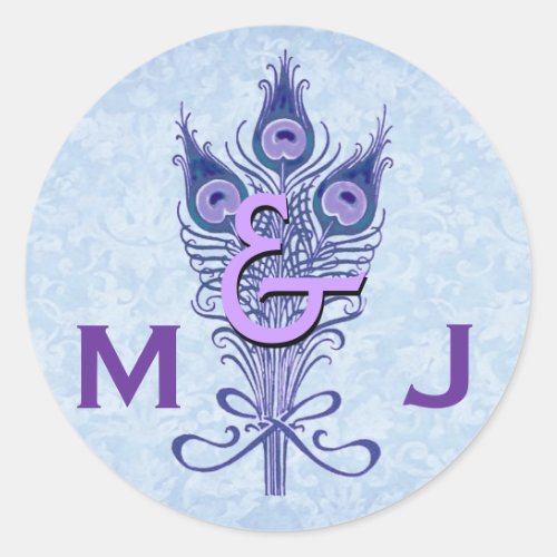 Art Deco Purple Peacock Feathers Monogram Wedding Classic Round Sticker
