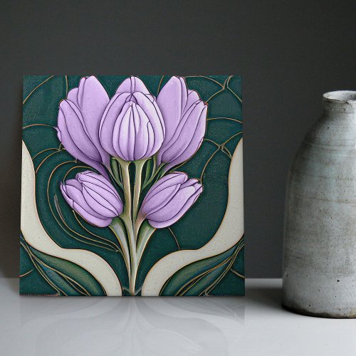 Art Deco Purple Tulips Wall Decor Art Nouveau Ceramic Tile