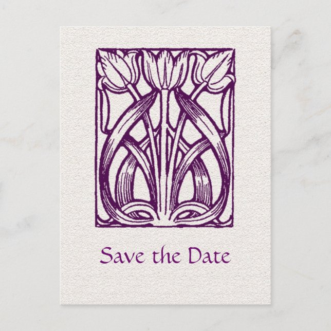 Art Deco PurpleTulips Save the Date Postcard (Front)