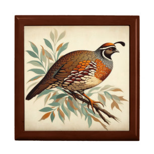 Art Deco Quail Wooden Jewelry Keepsake Box