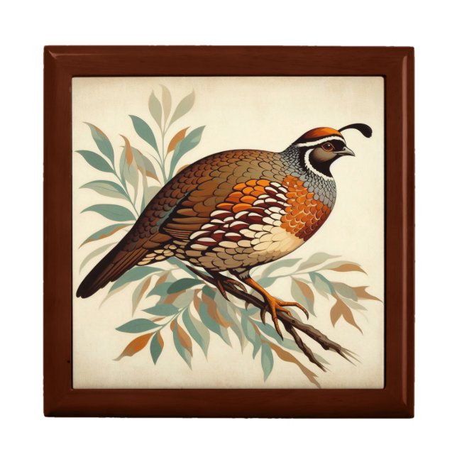 Art Deco Quail Wooden Jewelry Keepsake Box (Front)