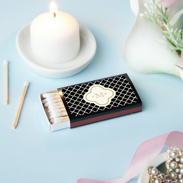 Art Deco Quatrefoil Pattern Gold Monogram Wedding Matchboxes (Insitu)