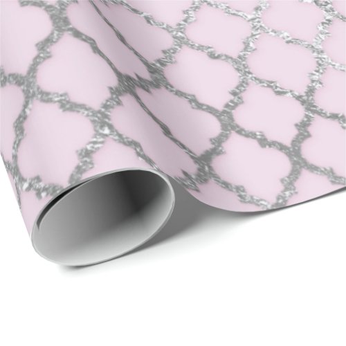 Art Deco Quatrefoil  Pink Gray Silver Net Shiny Wrapping Paper