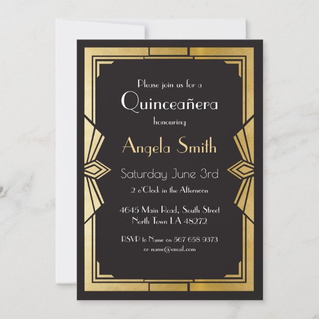 Art Deco Quinceanera Party Gatsby Black Invite 15 (Front)