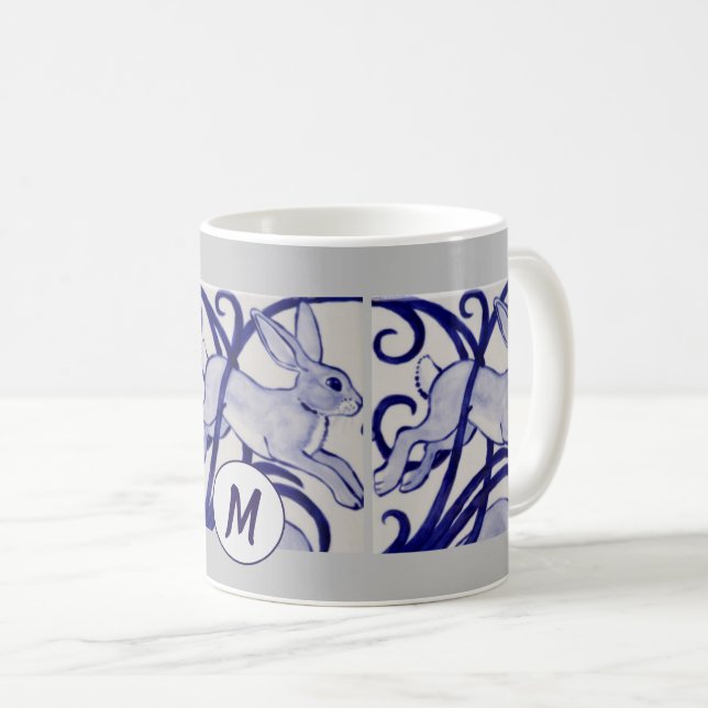 Art Deco Rabbit Hare Blue White Gray Monogram Coffee Mug (Front Right)