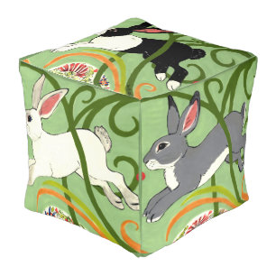 Art Deco Rabbit Pouf with Rabbits and Green Vines