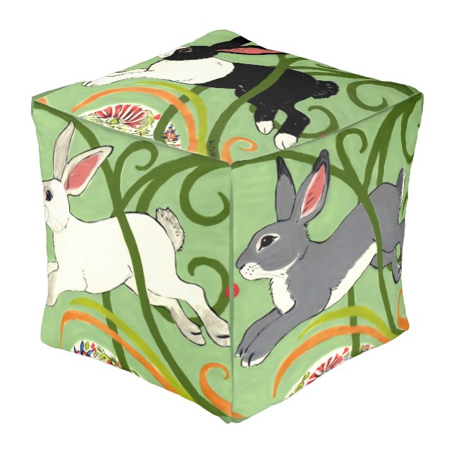 Art Deco Rabbit Pouf with Rabbits and Green Vines (Angled Front)