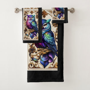 Art Deco Rainbow Owl Bath Towel Set
