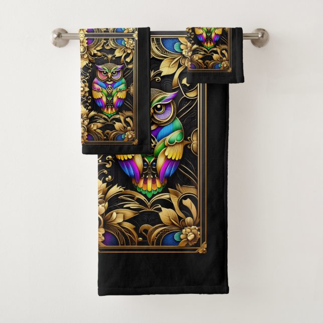 Art Deco Rainbow Owl Bath Towel Set (Insitu)