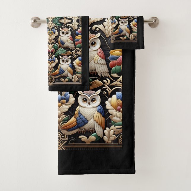 Art Deco Rainbow Owl Bath Towel Set (Insitu)