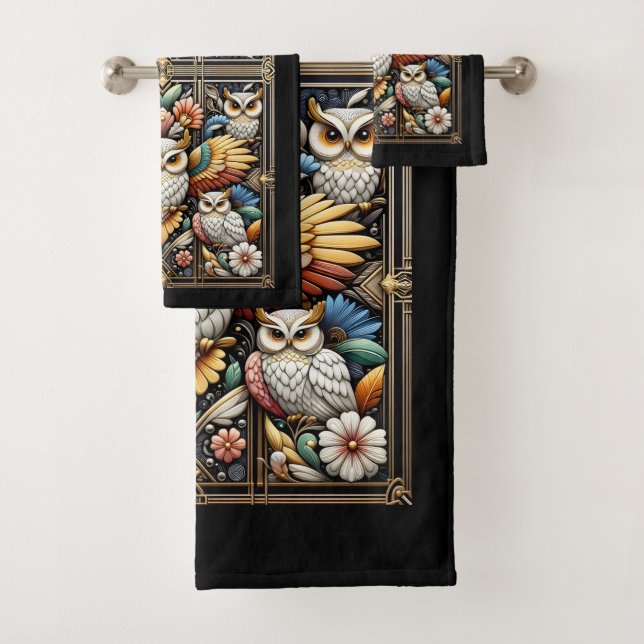Art Deco Rainbow Owl Bath Towel Set (Insitu)
