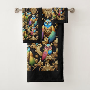 Art Deco Rainbow Owl Bath Towel Set