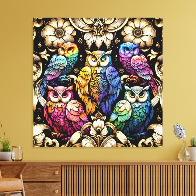Art Deco Rainbow Owls Canvas Print (Insitu(LivingRoom))