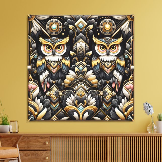 Art Deco Rainbow Owls Canvas Print (Insitu(LivingRoom))