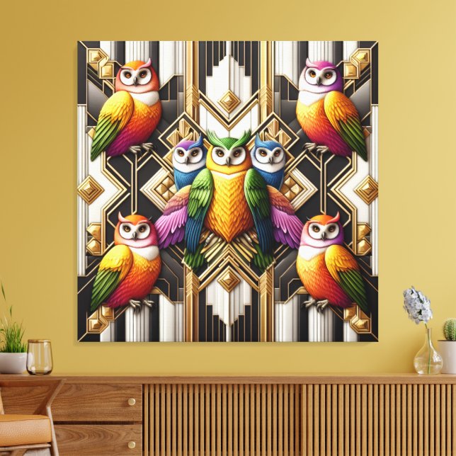 Art Deco Rainbow Owls Canvas Print (Insitu(LivingRoom))