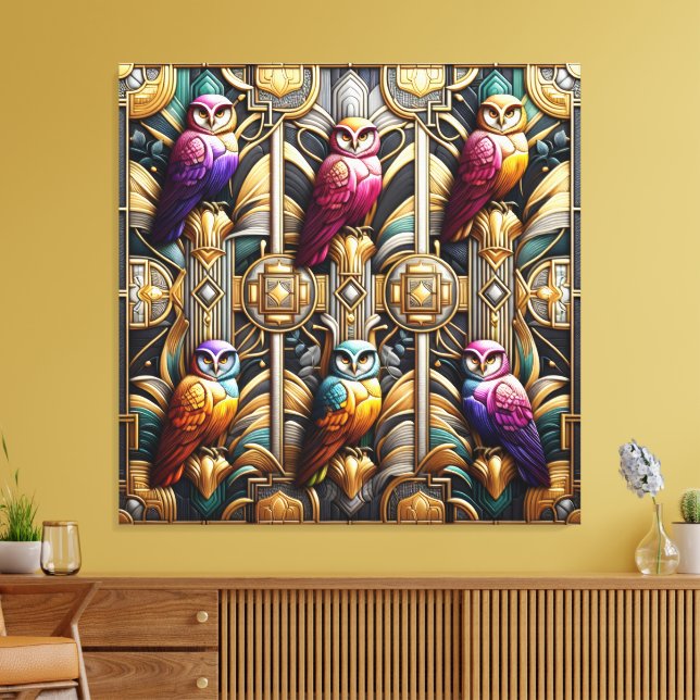 Art Deco Rainbow Owls Canvas Print (Insitu(LivingRoom))