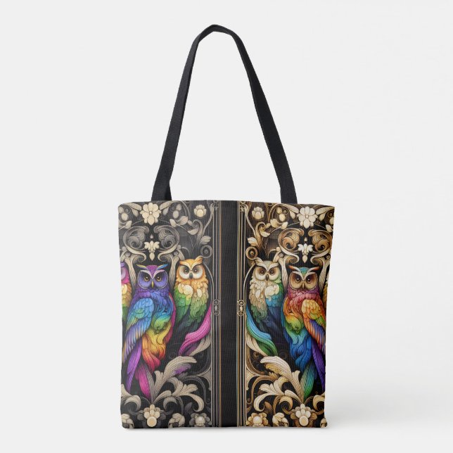 Art Deco Rainbow Owls Tote Bag (Back)