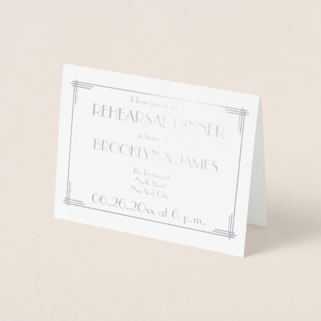 Art Deco Real Silver Wedding Rehearsal Invites (Front)